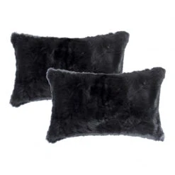HomeRoots Set Of Two 12" X 20" Black Rabbit Natural Fur Throw Pillows