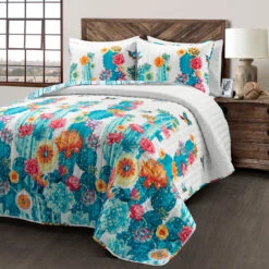 Southwest Vibrant Cactus Reversible Oversized Quilt 3Pc Set