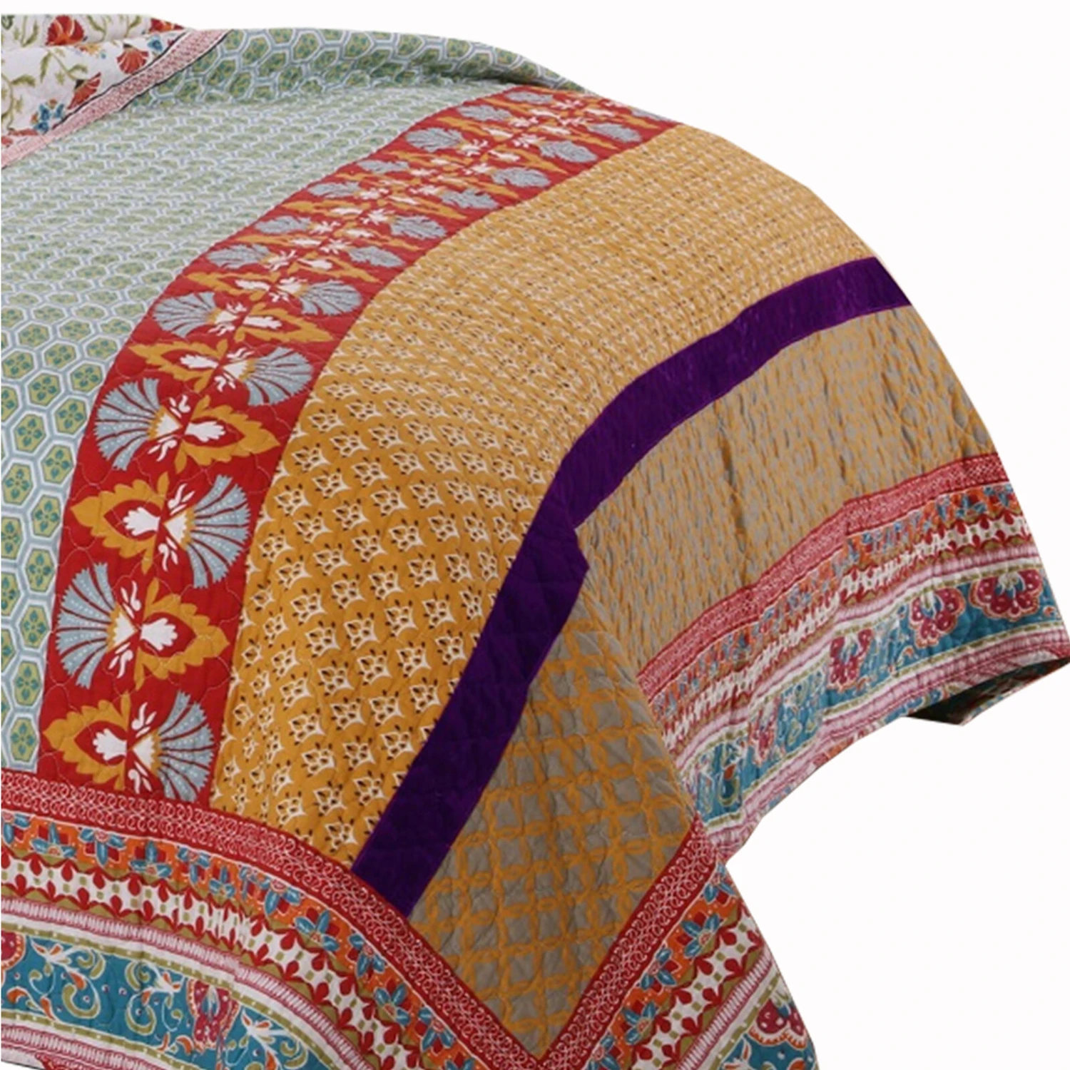 Geometric And Floral Print Full Size Quilt Set With 2 Shams, Multicolor-Benzara 3 Geometric And Floral Print Full Size Quilt Set With 2 Shams, Multicolor-Benzara - Image 3