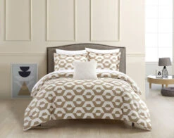 Chic Home Miles 4 Piece Comforter Set Contemporary Geometric Hexagon Pattern Print Design Bedding King Beige