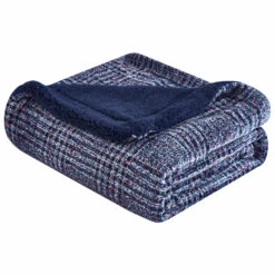 HomeRoots Navy Blue Reversible Velvet And Sherpa Throw Blanket
