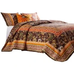 Dill Quilt Set, Bohemian, Jacobean Floral Print, Brown, Orange-Benzara -Bed Linings Sale 117f938d75b74fedb3c41fbccf491acd