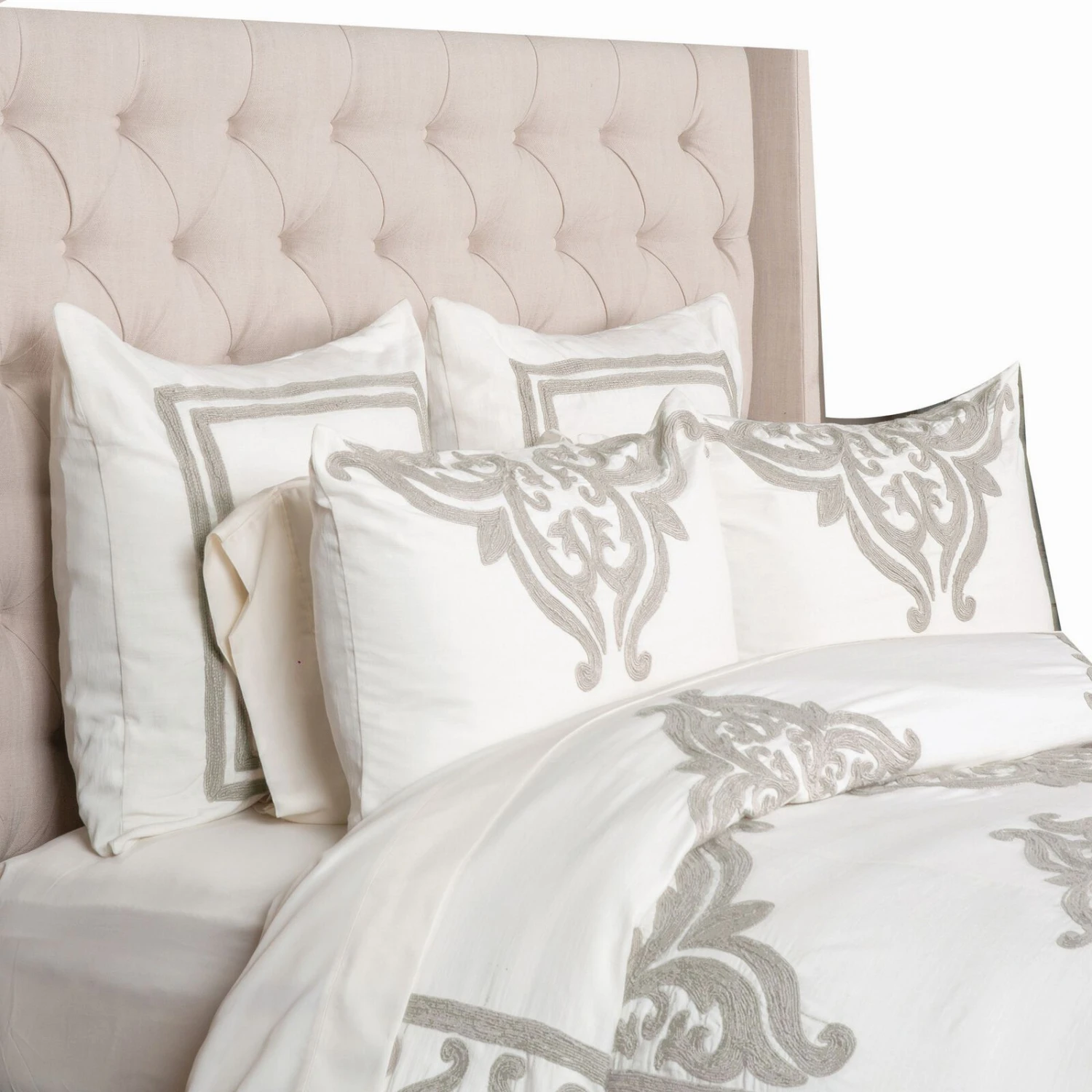 Lenz 26 Inch Cotton Euro Pillow Sham With Hand Stitched Embroidery, Ivory-Benzara 2 Lenz 26 Inch Cotton Euro Pillow Sham With Hand Stitched Embroidery, Ivory-Benzara - Image 2