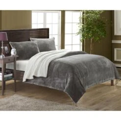 Chic Home 7 Piece Eve Microplush MinkLike Super Soft Sherpa Lined King BedBag Comforter Set, Grey With Sheet Set