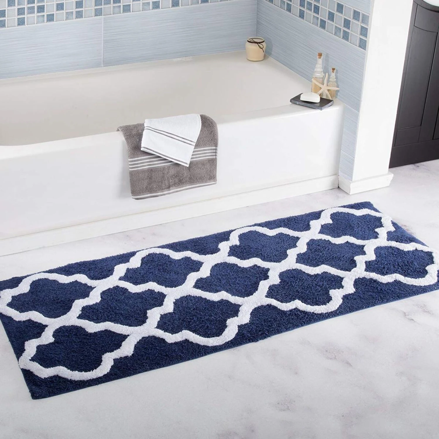 Bedford Home 100 Percent Cotton Trellis Bathroom Mat - 24 X 60 In. - White 1 Bedford Home 100 Percent Cotton Trellis Bathroom Mat - 24 X 60 In. - White