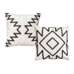 17 X 17 Inch Square Cotton Accent Throw Pillows, Geometric Aztec Embroidery, Set Of 2, White, Gray-Benzara