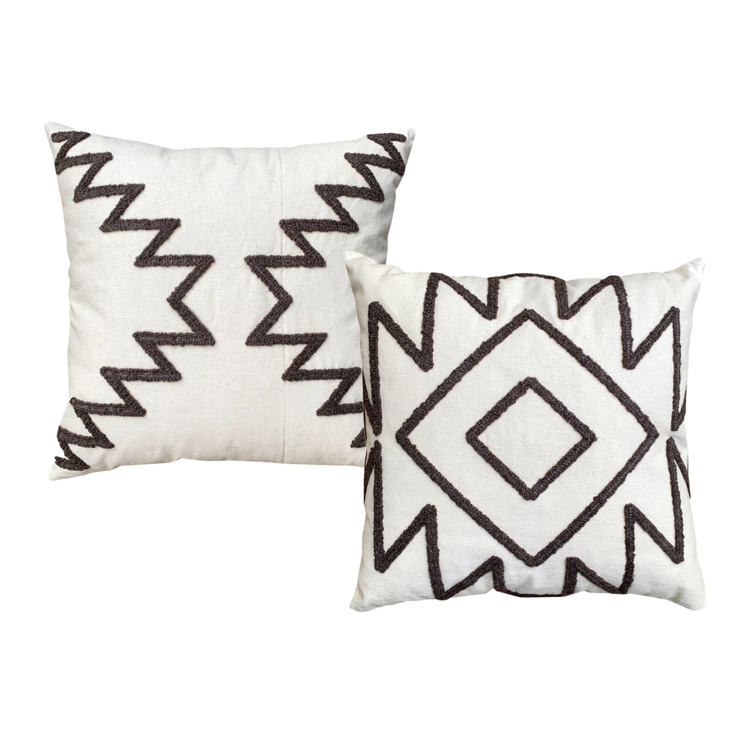 17 X 17 Inch Square Cotton Accent Throw Pillows, Geometric Aztec Embroidery, Set Of 2, White, Gray-Benzara