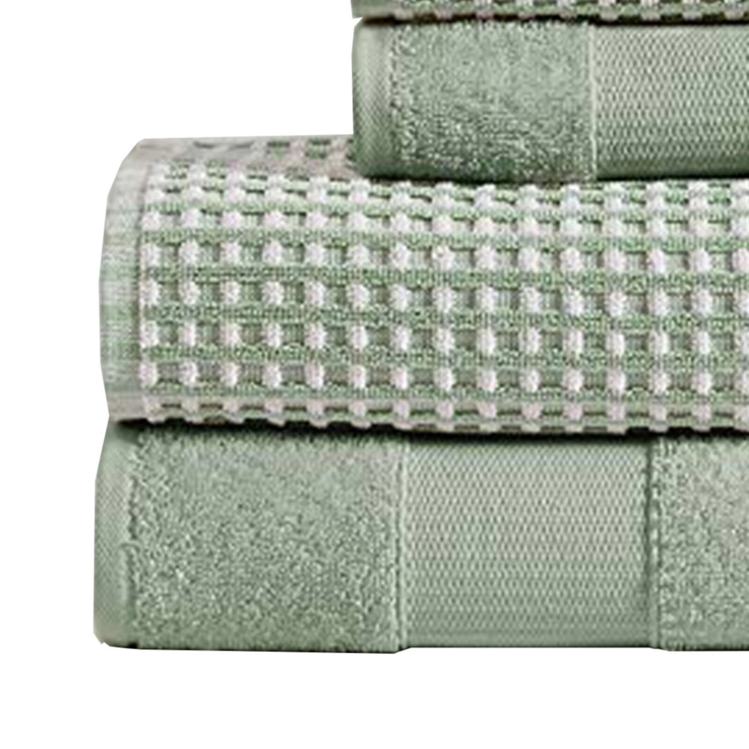 Porto 6 Piece Dual Tone Towel Set With Jacquard Grid Pattern The Urban Port, Green-Benzara 3 Porto 6 Piece Dual Tone Towel Set With Jacquard Grid Pattern The Urban Port, Green-Benzara - Image 3