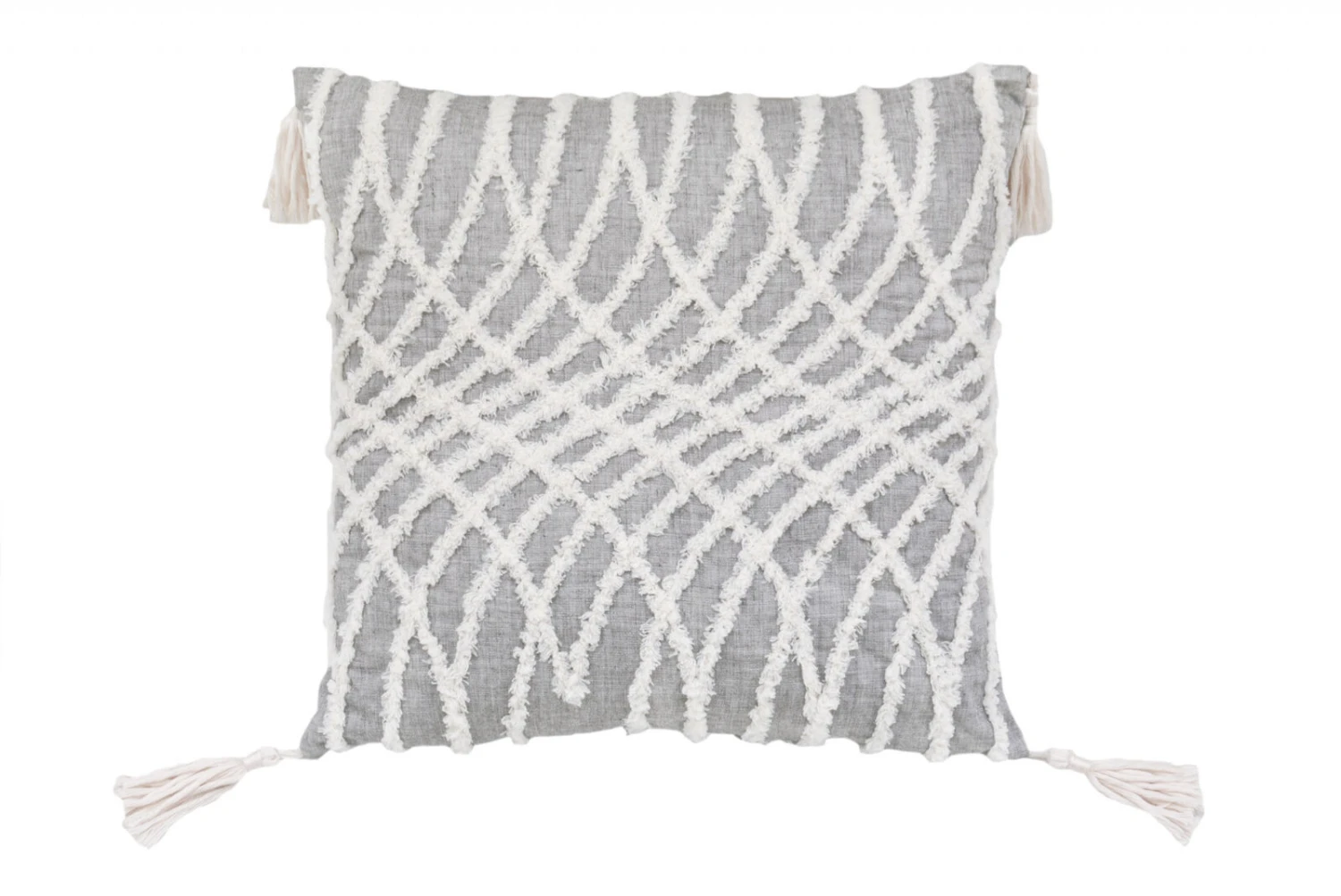 HomeRoots 17" X 17" Grey And White Interlocking Zippered Polyester Throw Pillow With Tassels 1 HomeRoots 17" X 17" Grey And White Interlocking Zippered Polyester Throw Pillow With Tassels