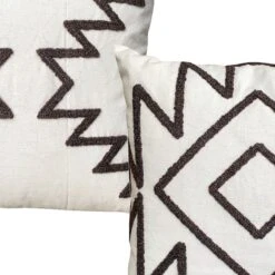 17 X 17 Inch Square Cotton Accent Throw Pillows, Geometric Aztec Embroidery, Set Of 2, White, Gray-Benzara -Bed Linings Sale 31143e5505f04d6eba17601fc7dd0401