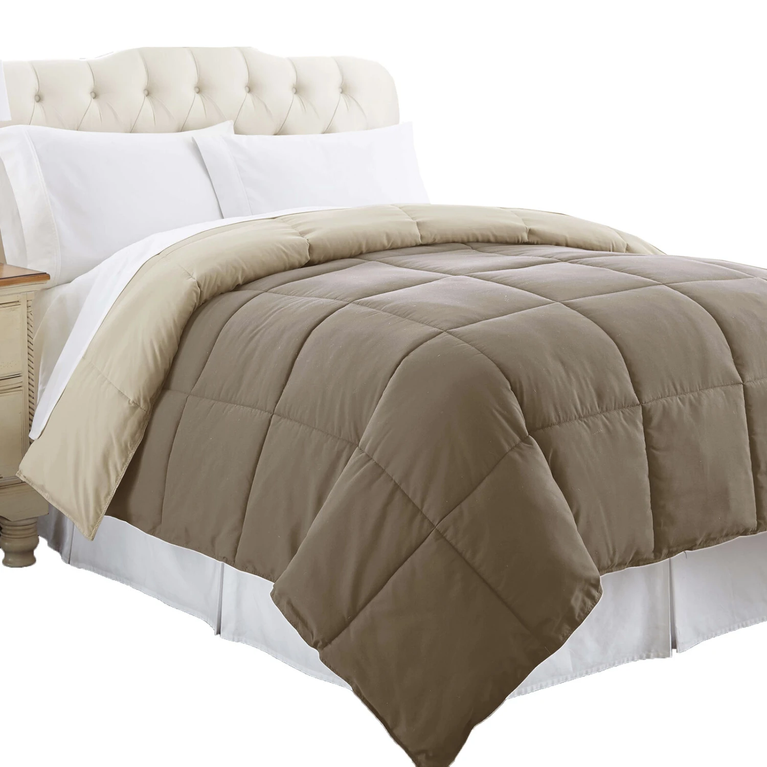 Genoa King Size Box Quilted Reversible Comforter The Urban Port, Brown And Gold-Benzara 2 Genoa King Size Box Quilted Reversible Comforter The Urban Port, Brown And Gold-Benzara - Image 2