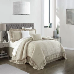 Chic Home Kensley Comforter Set Washed Crinkle Ruffled Flange Border Design Bedding Beige, King -Bed Linings Sale 34ab35957cb14884ab9babb8f743906f