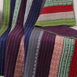 60 Inch Cotton Throw Blanket, Multi Color Stripes, Kantha Hand Quilting-Benzara 8 60 Inch Cotton Throw Blanket, Multi Color Stripes, Kantha Hand Quilting-Benzara -Bed Linings Sale 36db95ca6e6743499d695071a06ef679