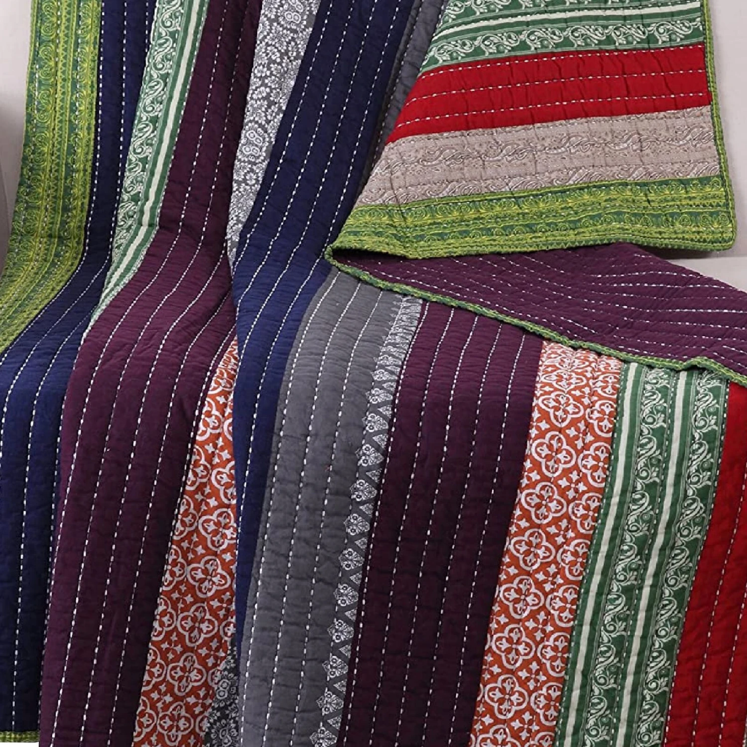 60 Inch Cotton Throw Blanket, Multi Color Stripes, Kantha Hand Quilting-Benzara 4 60 Inch Cotton Throw Blanket, Multi Color Stripes, Kantha Hand Quilting-Benzara - Image 4