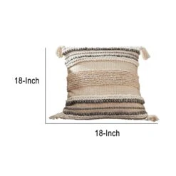18 Inch Textured Decorative Throw Pillow Cover, Tassels, Beige, Gray Fabric-Benzara 9 18 Inch Textured Decorative Throw Pillow Cover, Tassels, Beige, Gray Fabric-Benzara -Bed Linings Sale 37db0e116ccb4545976c823dab1c2f38