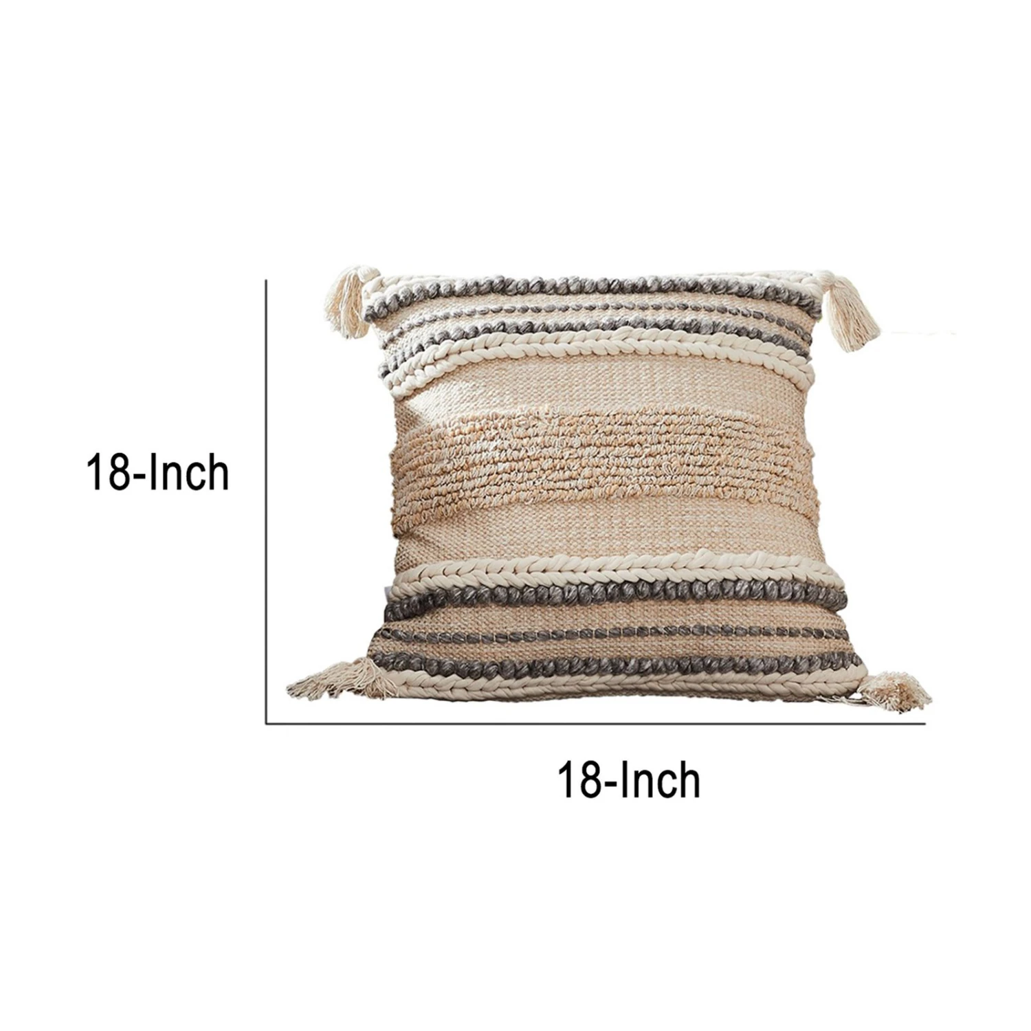 18 Inch Textured Decorative Throw Pillow Cover, Tassels, Beige, Gray Fabric-Benzara 5 18 Inch Textured Decorative Throw Pillow Cover, Tassels, Beige, Gray Fabric-Benzara - Image 5