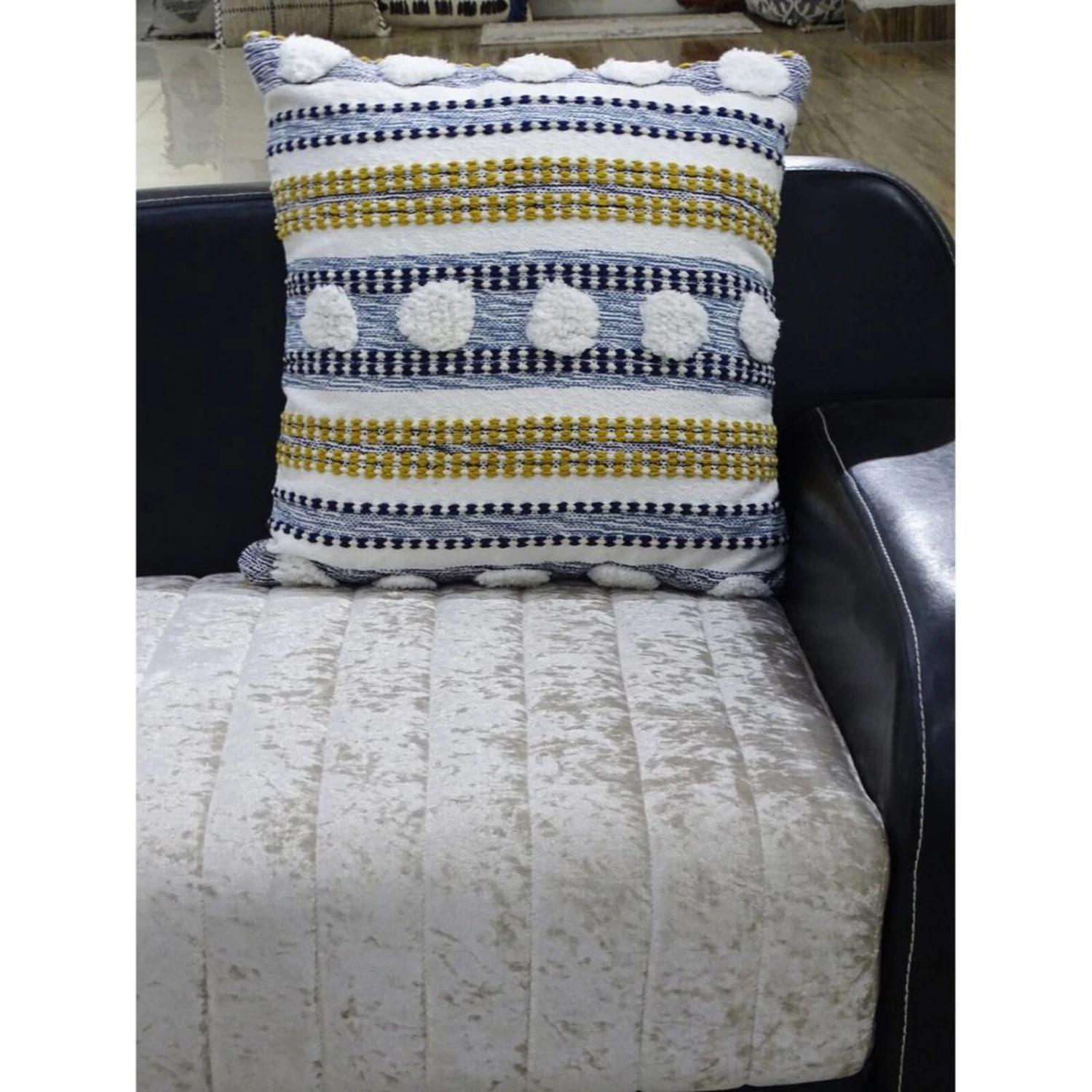 Homezia 20" X 20" Blue And Yellow Ribbed Zippered Cotton Blend Throw Pillow 3 Homezia 20" X 20" Blue And Yellow Ribbed Zippered Cotton Blend Throw Pillow - Image 3