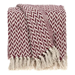 HomeRoots Burgundy Handloom Herringbone Weave With Tassels