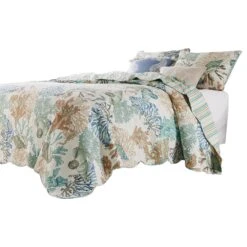 Wade Quilt Set, Ocean Design, Scalloped Edges, Floral Pattern-Benzara -Bed Linings Sale 4437513da686412181af89b86a738eca