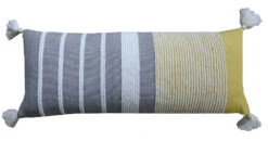 Homezia 14" X 36" Gray And Yellow Striped Handmade Cotton Blend Throw Pillow With Tassels