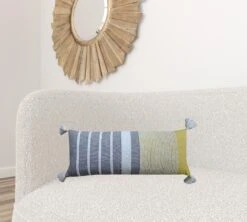 Homezia 14" X 36" Gray And Yellow Striped Handmade Cotton Blend Throw Pillow With Tassels -Bed Linings Sale 5337bdb5a9b44e1085691b26f96a3afb