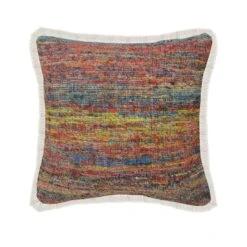 20" Red And Yellow Chindi Fringe Square Throw Pillow