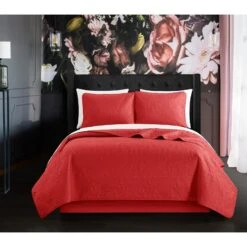 Chic Home Leya 7 Piece Quilt Set With Floral Scroll Pattern Design BedBag Sheet Set Pillow Shams, Brick King