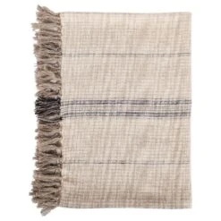 Uno 50 Inch Throw Blanket, Soft Cotton, Linen, Woven Stripes, Beige, Brown-Benzara