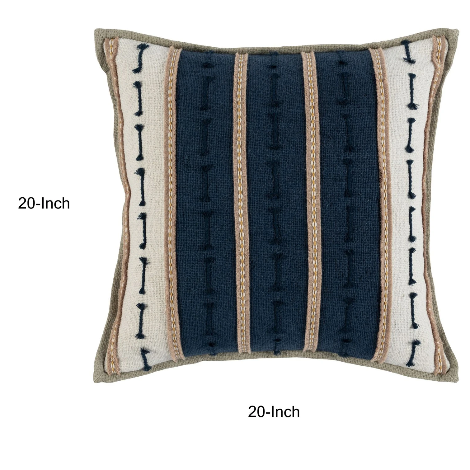20 Inch Square Cotton Decorative Throw Pillow, Hand Trimmed, Blue, Beige-Benzara 3 20 Inch Square Cotton Decorative Throw Pillow, Hand Trimmed, Blue, Beige-Benzara - Image 3