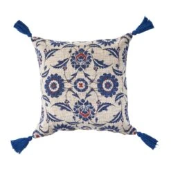 18" Blue And Red Floral Pattern Square Throw Pillow