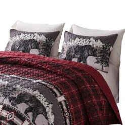 Sofia 20 X 36 King Pillow Sham, Red Plaid Microfiber, Bear And Mountain-Benzara -Bed Linings Sale 6ebe838ba9b04cbf9668d48d2a70689d