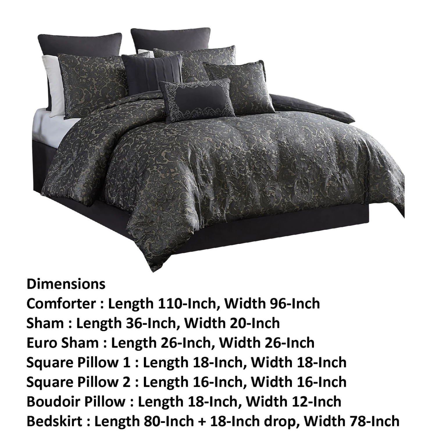 Pixie 10 Piece Polyester King Comforter Set, Damask Pattern, Charcoal Gray-Benzara 5 Pixie 10 Piece Polyester King Comforter Set, Damask Pattern, Charcoal Gray-Benzara - Image 5