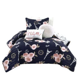 Vintage Paris Rose Butterfly Script Quilt 4Pc Set