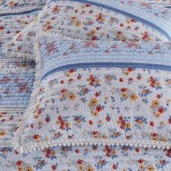 Joa Microfiber Quilt Set, Floral Print, Lace Trim, Multicolor-Benzara -Bed Linings Sale 73265a7928ee4929aeeb275c59f72b03