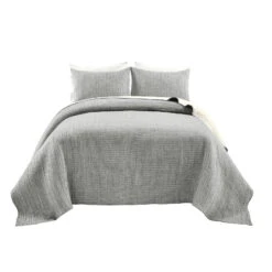 Solid Kantha Pick Stitch Yarn Dyed Cotton Woven Quilt/Coverlet 3Pc Set