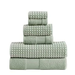 Porto 6 Piece Dual Tone Towel Set With Jacquard Grid Pattern The Urban Port, Green-Benzara