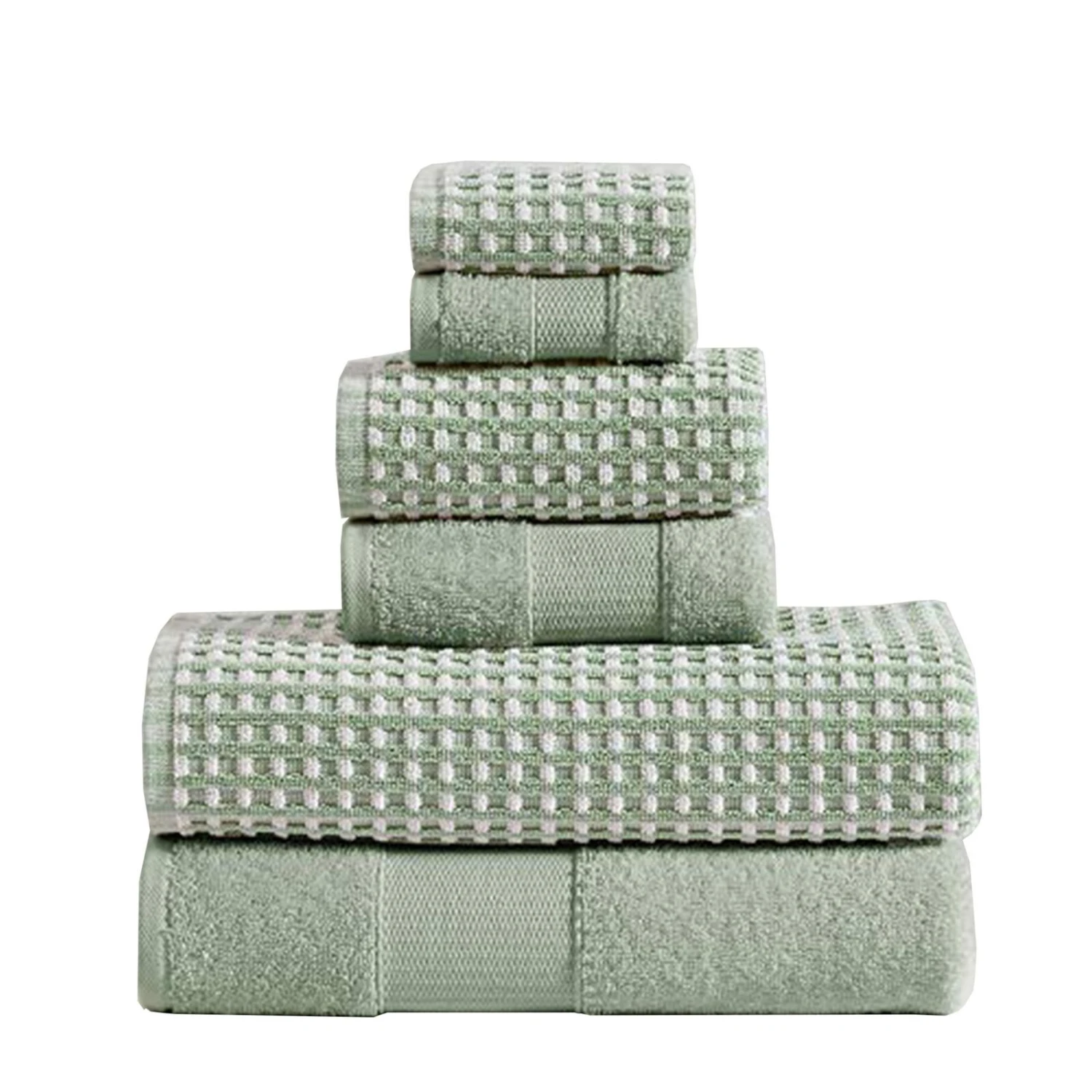 Porto 6 Piece Dual Tone Towel Set With Jacquard Grid Pattern The Urban Port, Green-Benzara 1 Porto 6 Piece Dual Tone Towel Set With Jacquard Grid Pattern The Urban Port, Green-Benzara