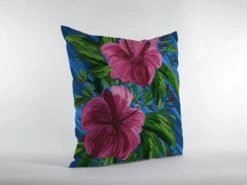 HomeRoots 18” Pink Blue Hibiscus Suede Decorative Throw Pillow