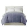 Genoa Reversible King Comforter With Box Quilted The Urban Port, Silver And Blue-Benzara