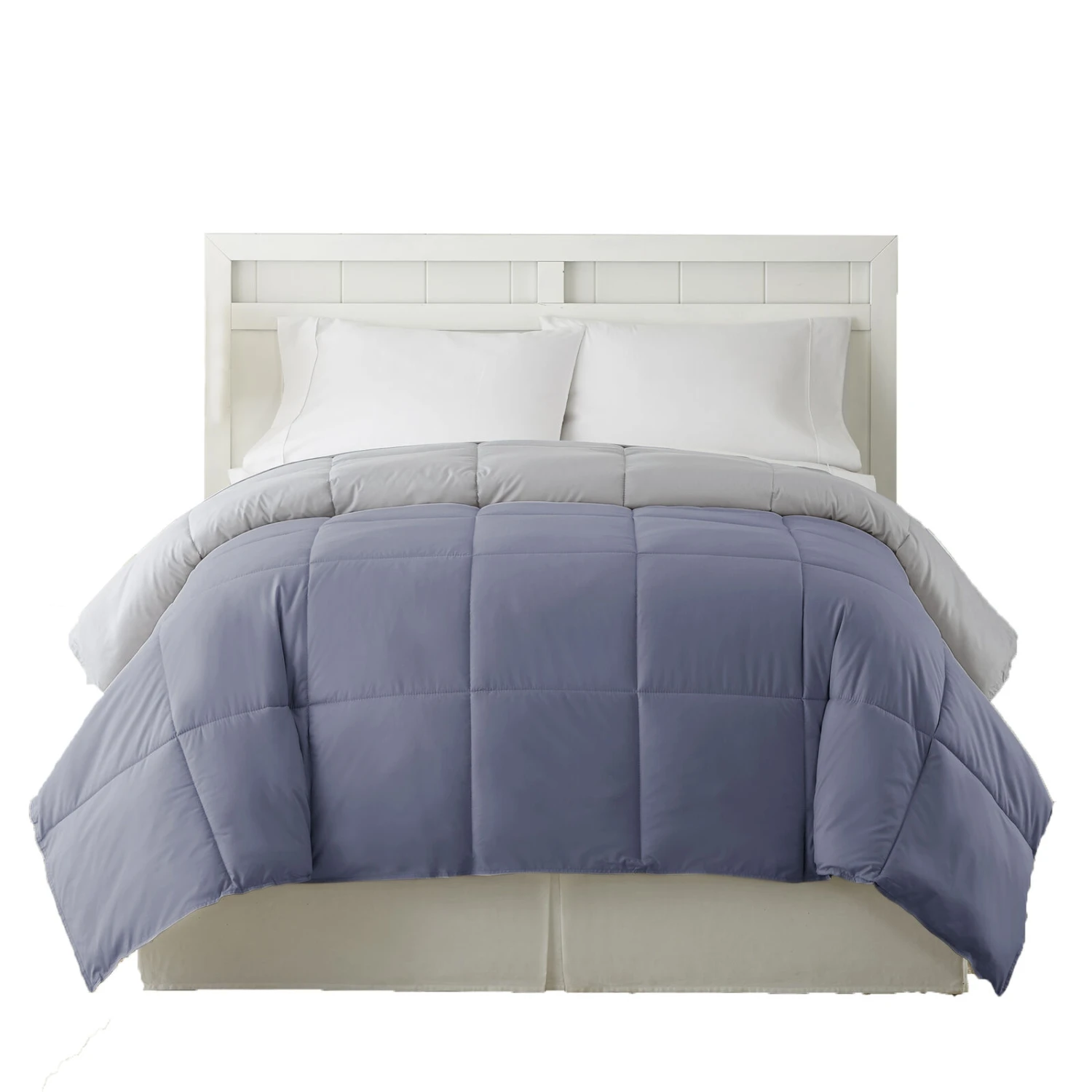 Genoa Reversible King Comforter With Box Quilted The Urban Port, Silver And Blue-Benzara 1 Genoa Reversible King Comforter With Box Quilted The Urban Port, Silver And Blue-Benzara