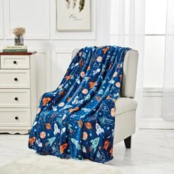 Plazatex Space Adventure Micro Plush Decorative All Season Blue Color 50" X 60" Throw Blanket