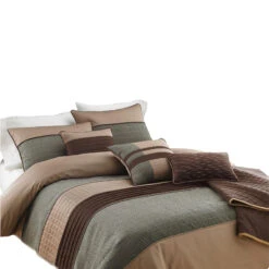7 Piece King Polyester Comforter Set With Pleats And Texture, Gray And Brown-Benzara