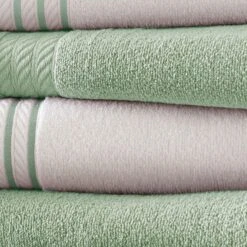 Dana 6 Piece Soft Egyptian Cotton Towel Set, Striped, Sage Green, White-Benzara -Bed Linings Sale 881cfe9cfb564eddadbd4052d0d9f1a5