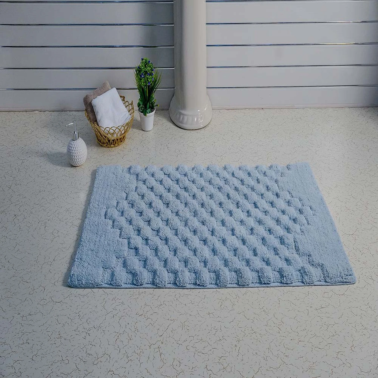 Knightsbridge Luxurious Block Pattern High Quality Year Round Cotton With Non-Skid Back Bath Rug 20" X 30" Light Blue 2 Knightsbridge Luxurious Block Pattern High Quality Year Round Cotton With Non-Skid Back Bath Rug 20" X 30" Light Blue - Image 2