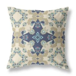HomeRoots 20" X 20" Cream And Blue Floral Zippered Suede Throw Pillow