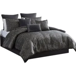 Pixie 10 Piece Polyester King Comforter Set, Damask Pattern, Charcoal Gray-Benzara