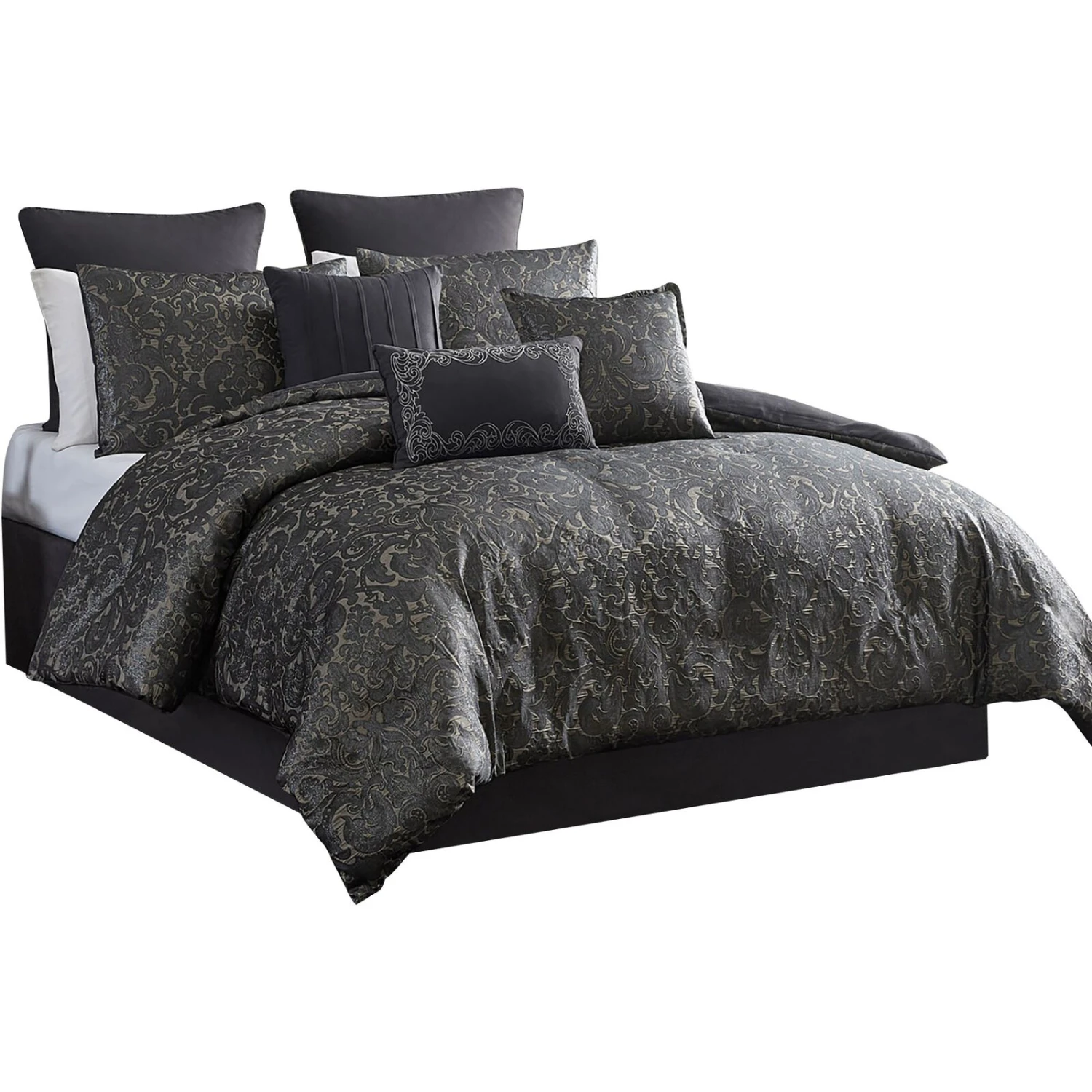 Pixie 10 Piece Polyester King Comforter Set, Damask Pattern, Charcoal Gray-Benzara 1 Pixie 10 Piece Polyester King Comforter Set, Damask Pattern, Charcoal Gray-Benzara