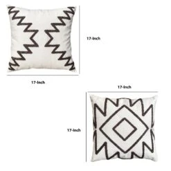 17 X 17 Inch Square Cotton Accent Throw Pillows, Geometric Aztec Embroidery, Set Of 2, White, Gray-Benzara -Bed Linings Sale 98f0c24fd1c64fc88a0f7d75615c5ba0