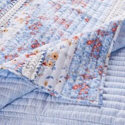 Joa Microfiber Quilt Set, Floral Print, Lace Trim, Multicolor-Benzara -Bed Linings Sale 9a84925d24b74495aad7e0fa0c32c9e1