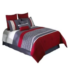 8 Piece Queen Comforter Set With Printed Trellis Pattern, Red-Benzara